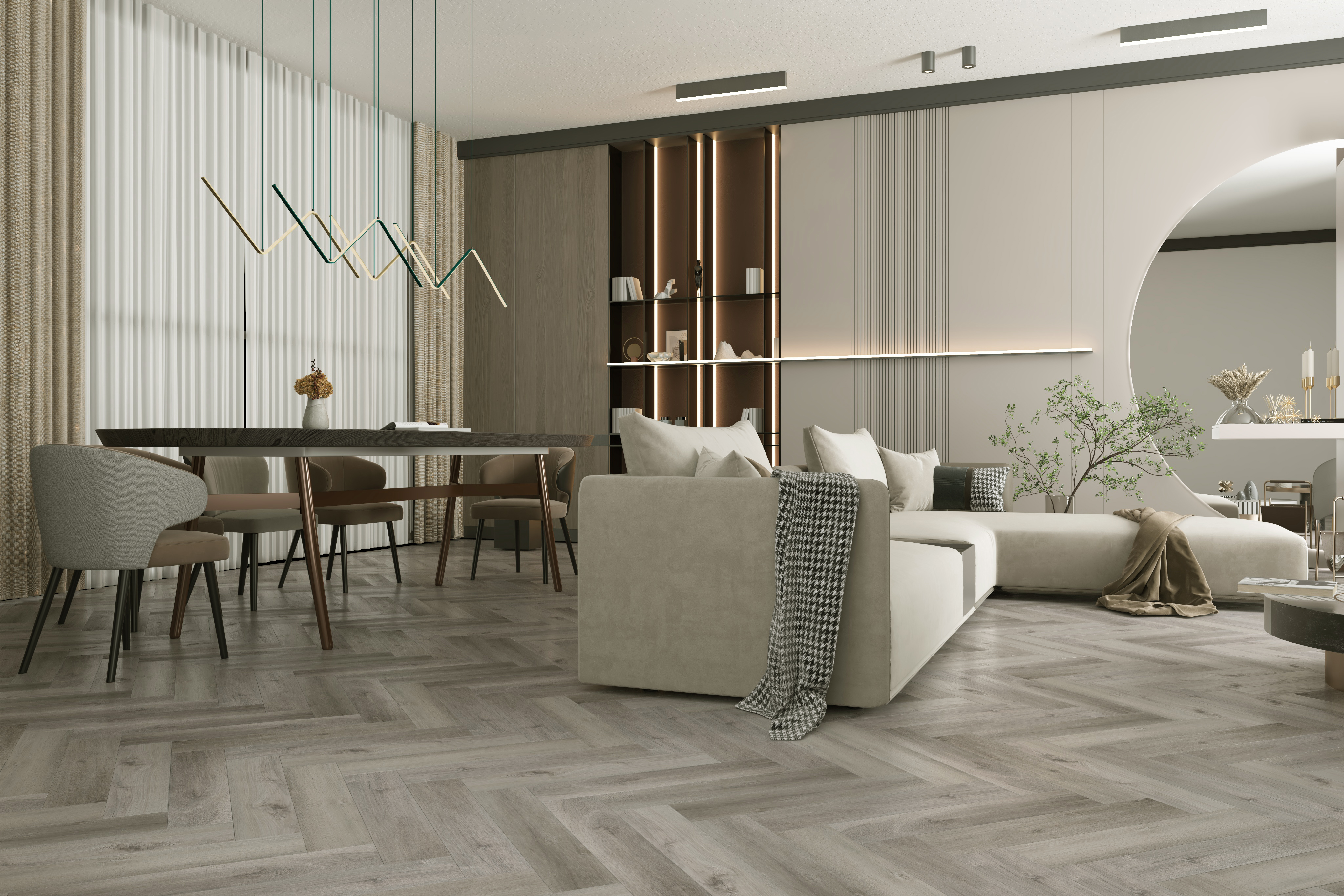 Кварцвиниловый SPC ламинат Home Expert Parquet Дуб Горный ручей 33-68W906 / 33-3006 венгерская елка 615×123×3,5 фото в интерьере